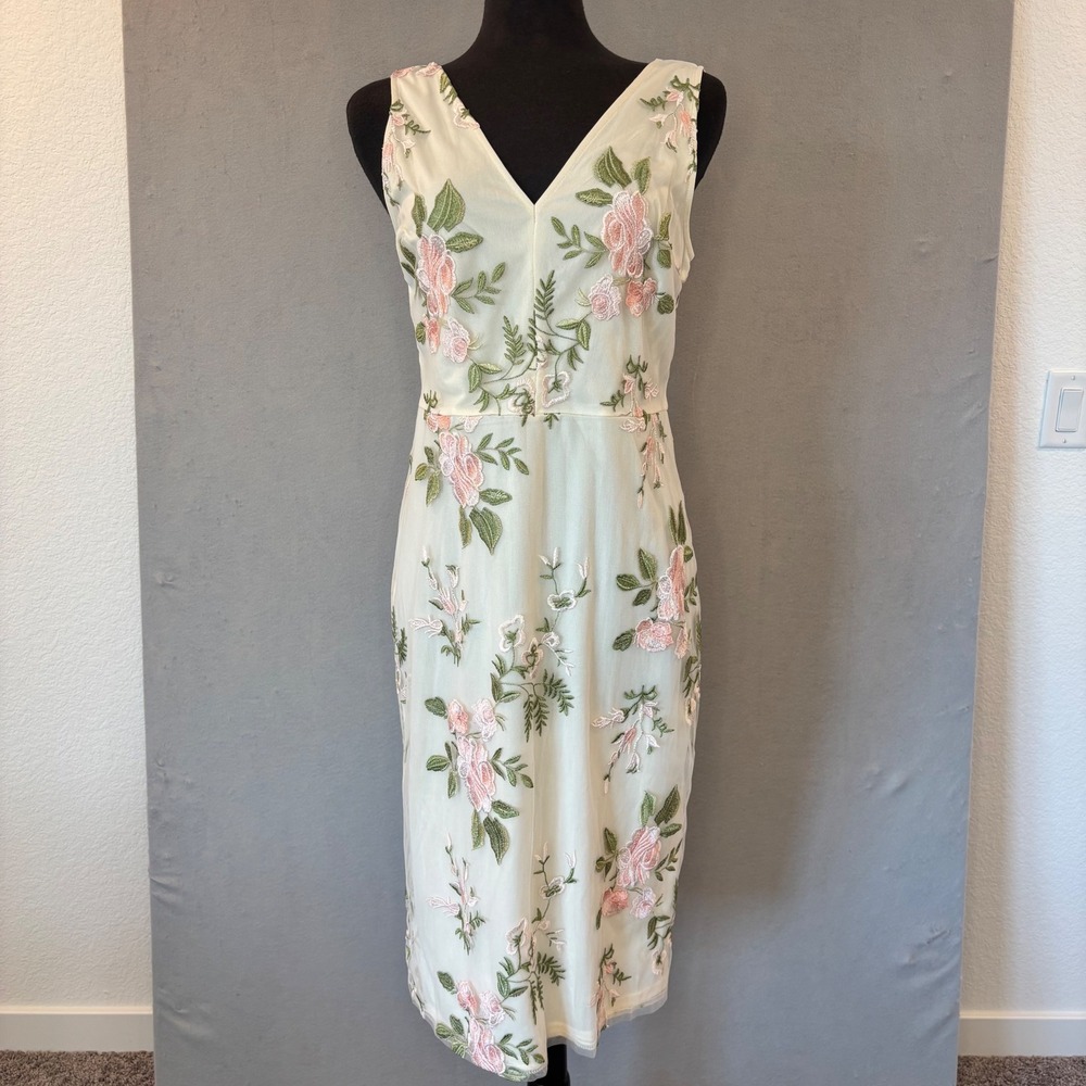 JJ's House Floral Embroidered Mesh V-Neck Cocktail Dress Ivory Pink NWT